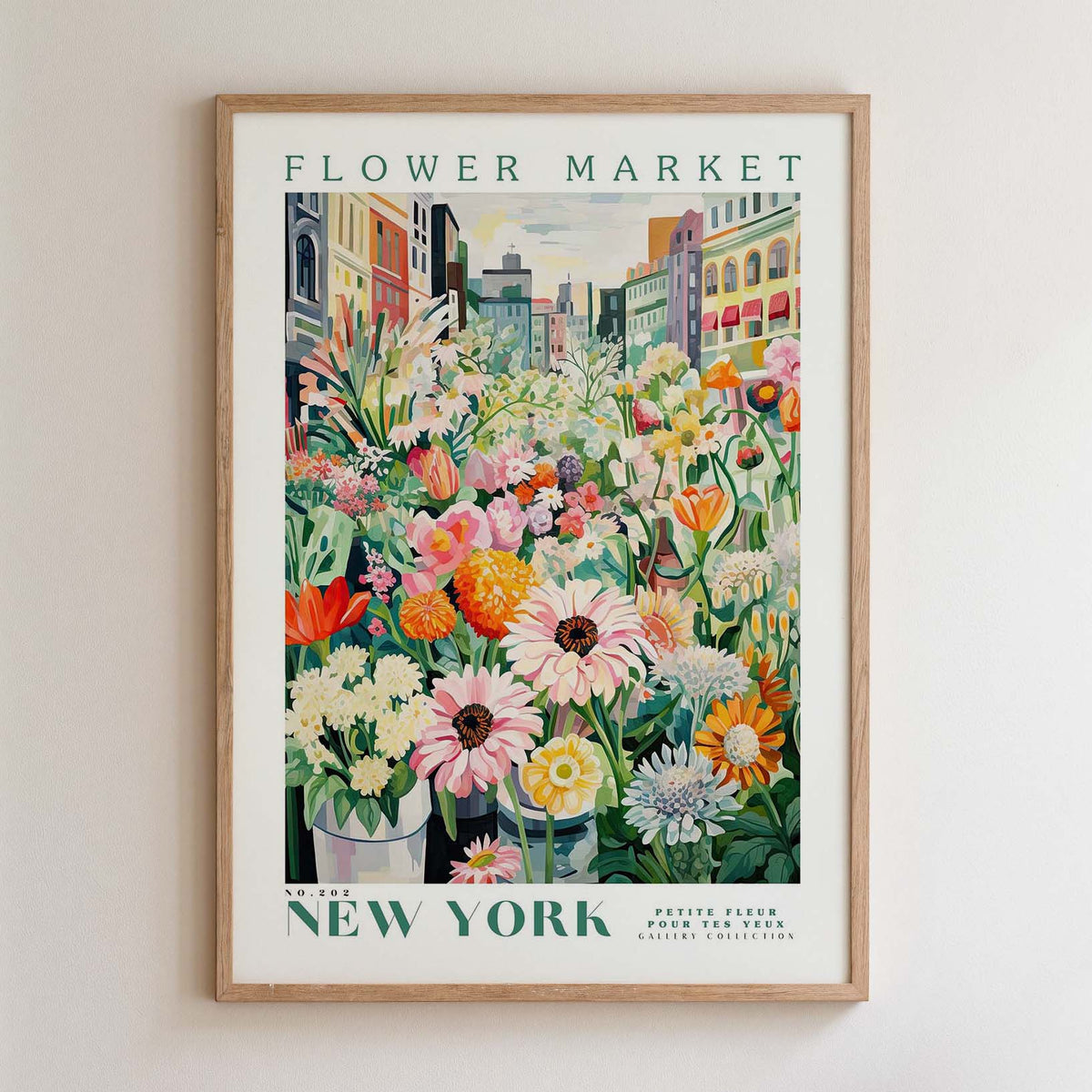 The image is a framed poster depicting a vibrant and colorful flower market in New York.