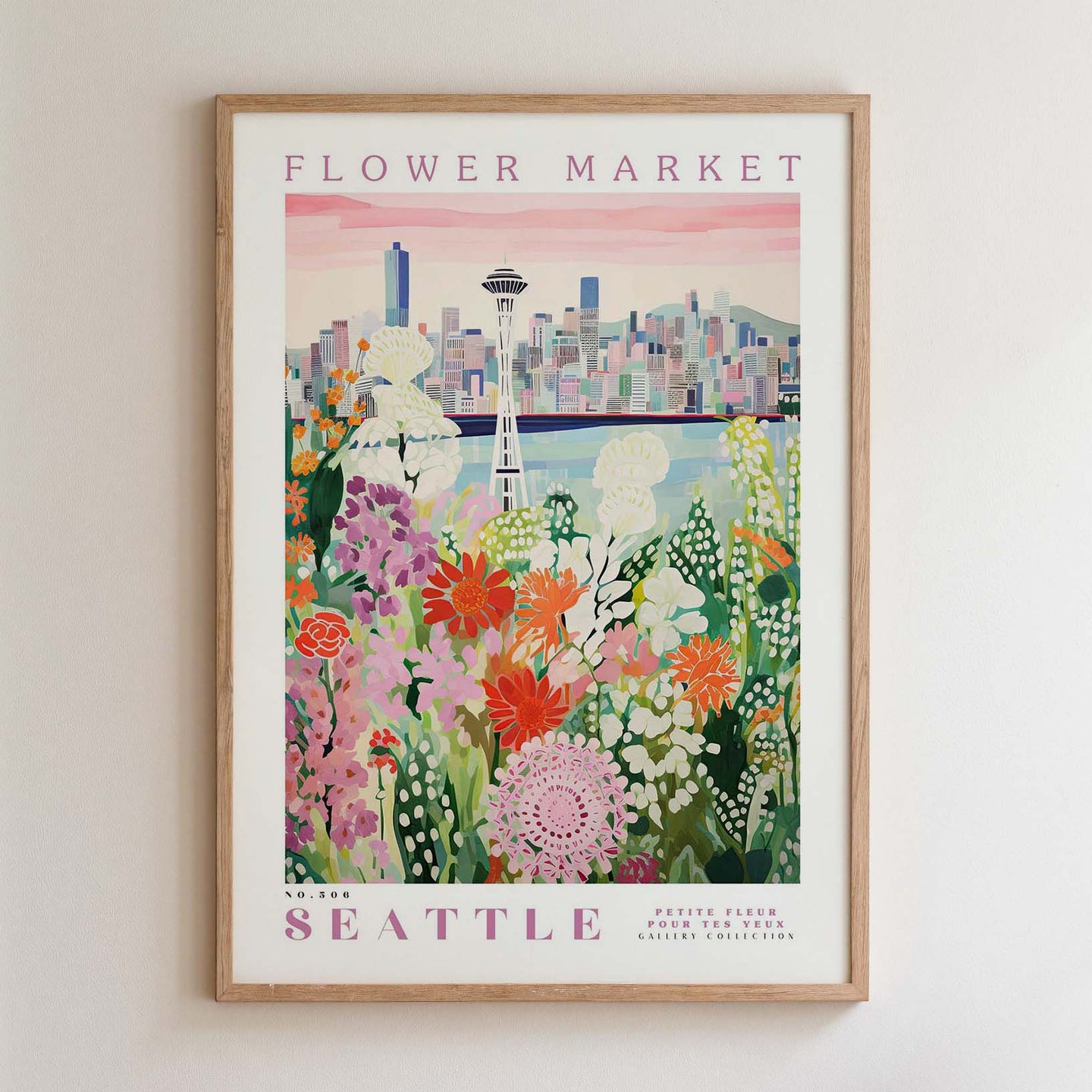 The image is a framed poster depicting a vibrant and colorful flower market in Seattle, with a cityscape in the background.