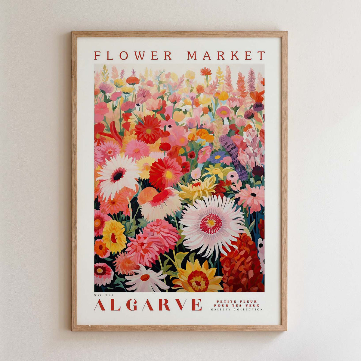 The image is a framed poster of a vibrant floral arrangement, featuring a variety of colorful flowers and plants.
