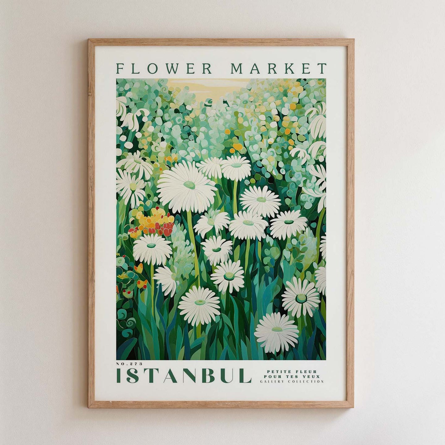 The image is a framed poster depicting a field of white flowers with green foliage, likely representing a flower market in Istanbul.