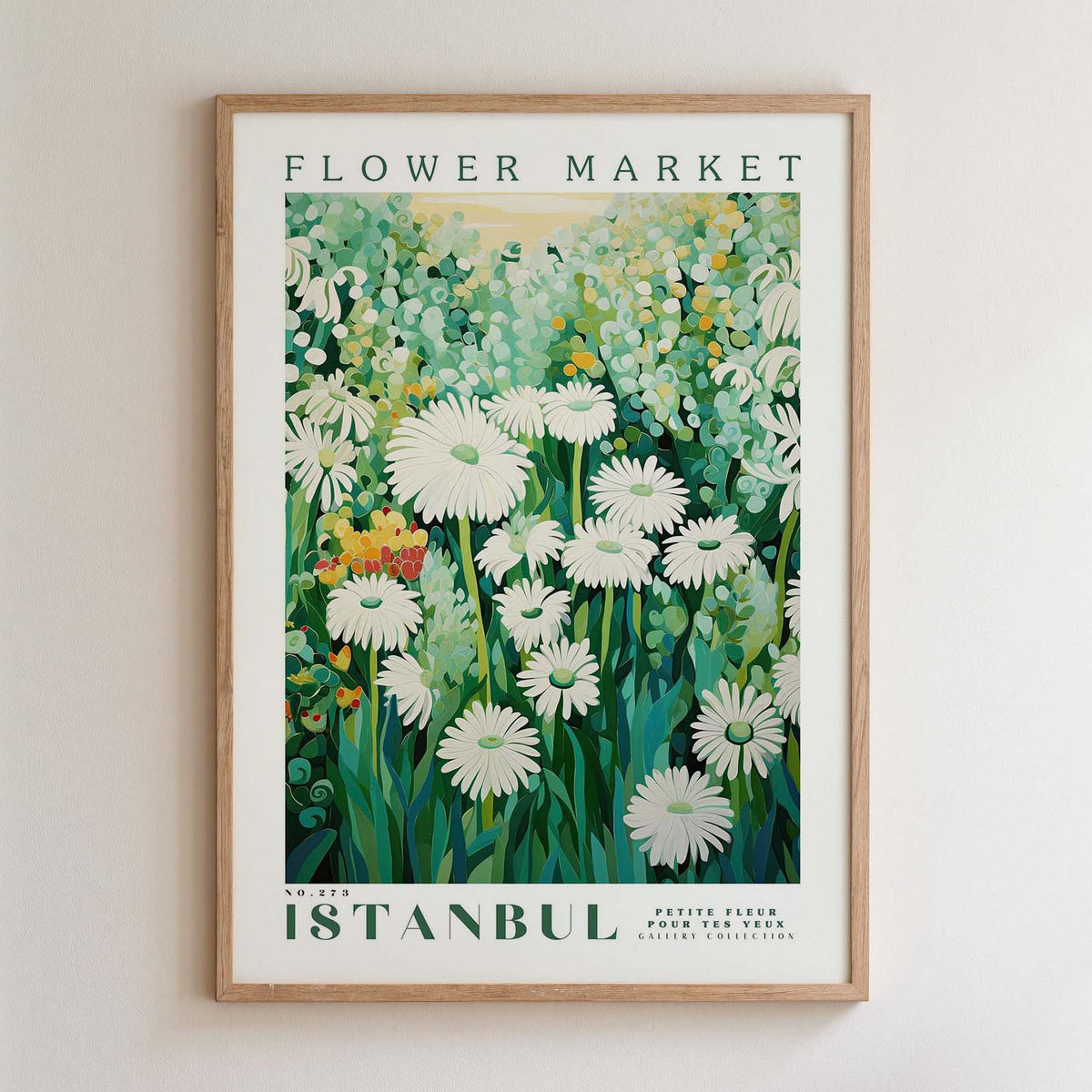 The image is a framed poster depicting a field of white flowers with green foliage, likely representing a flower market in Istanbul.