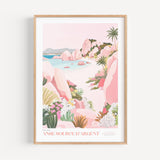 The image is a framed poster depicting a beach scene with pink rocks, palm trees, and colorful flowers.