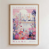 The image is a framed poster depicting a vibrant and colorful scene of a flower market in Miami, Florida.