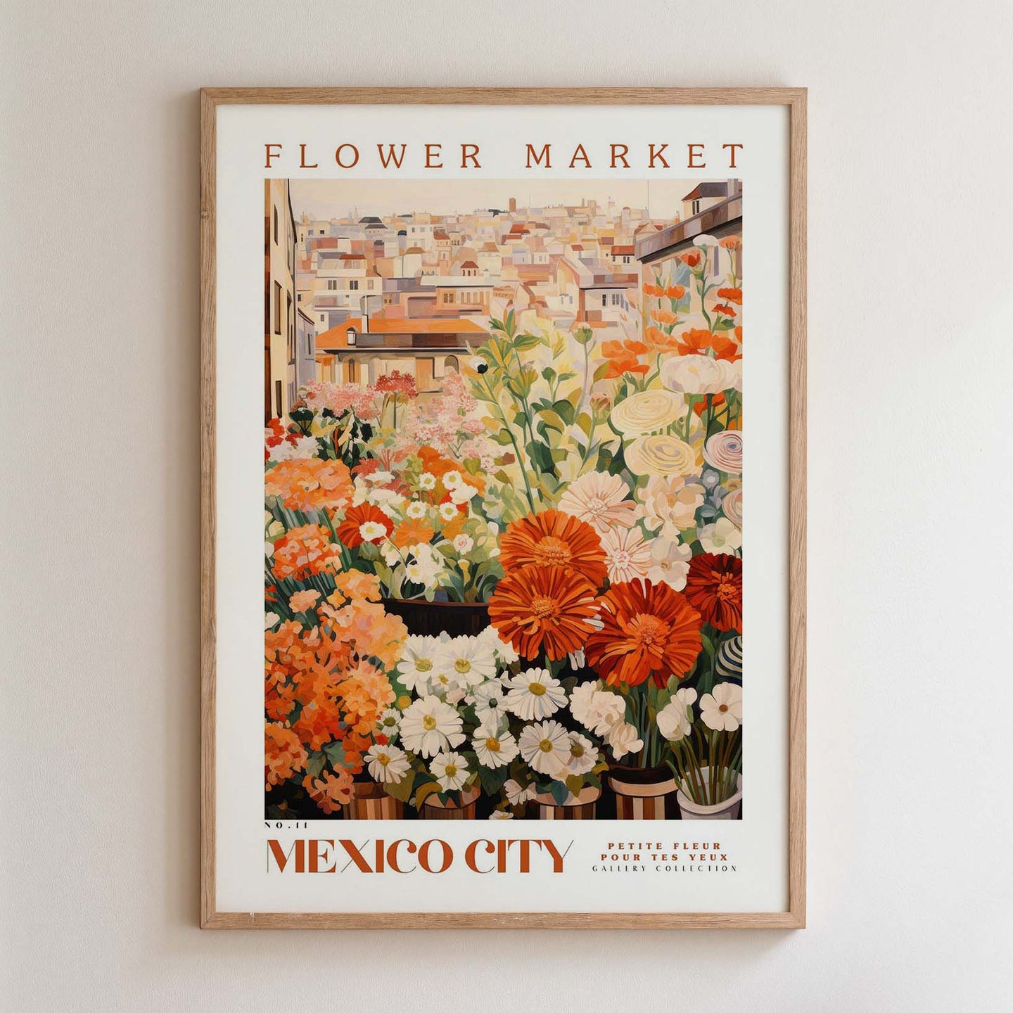 The image is a framed poster depicting a vibrant and colorful flower market in Mexico City.