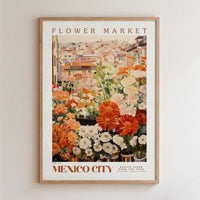 The image is a framed poster depicting a vibrant and colorful flower market in Mexico City.