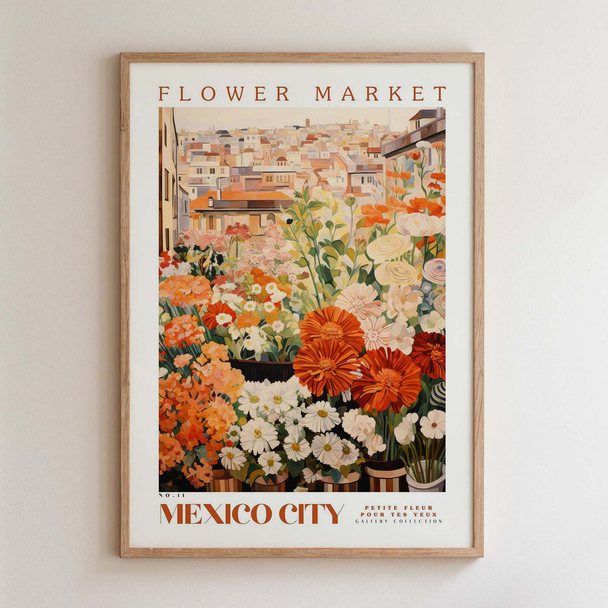 The image is a framed poster depicting a vibrant and colorful flower market in Mexico City.