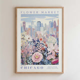 The image is a framed poster depicting a cityscape with a field of flowers in the foreground.