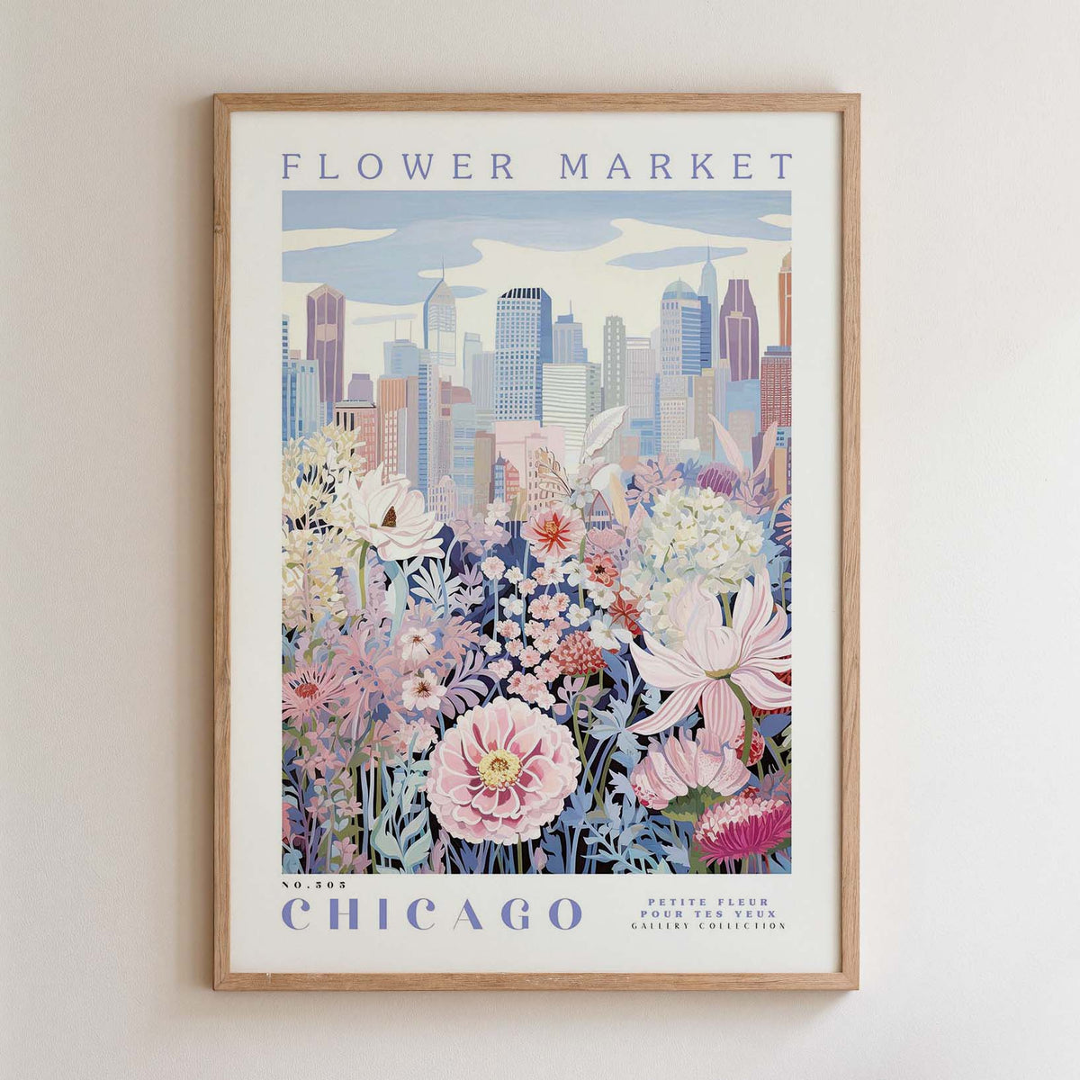 The image is a framed poster depicting a cityscape with a field of flowers in the foreground.