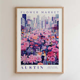 The image is a framed poster depicting a cityscape with a large field of colorful flowers in the foreground.