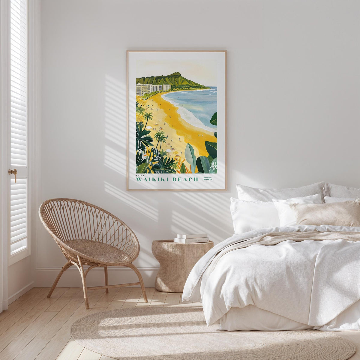 a serene bedroom scene with a large poster of Waikiki Beach hanging on the wall, a wicker chair, and a white bed with a beige blanket.