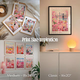 The image is a collage of four different print sizes and styles, including a small print size of 11x14 inches, a medium print size of 18x24 inches, a classic print size of 16x20 inches, and a small print size of 18x24 inches. The collage also includes a framed print of a flower market in New York, a framed print of a bridge, and a framed print of a cityscape.