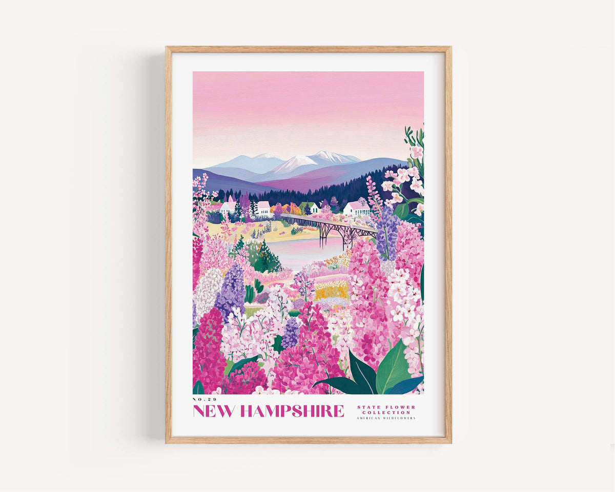 The image is a framed poster depicting a scenic landscape in New Hampshire, featuring a mountain range, a river, and a variety of colorful flowers and foliage.