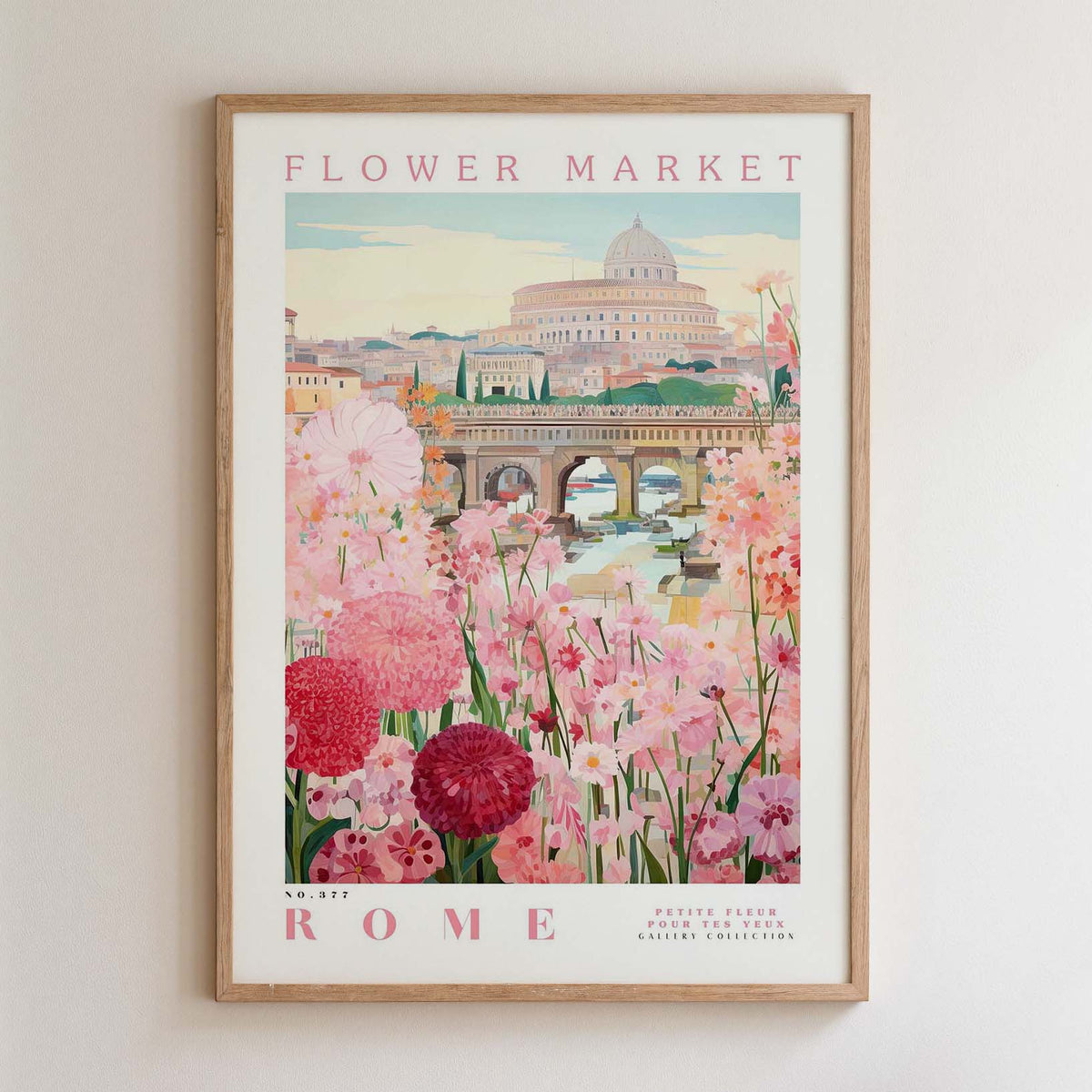The image is a framed poster depicting a flower market in Rome, Italy.