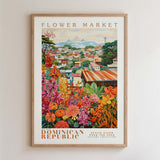 The image is a framed poster depicting a vibrant and colorful scene of a flower market in the Dominican Republic.