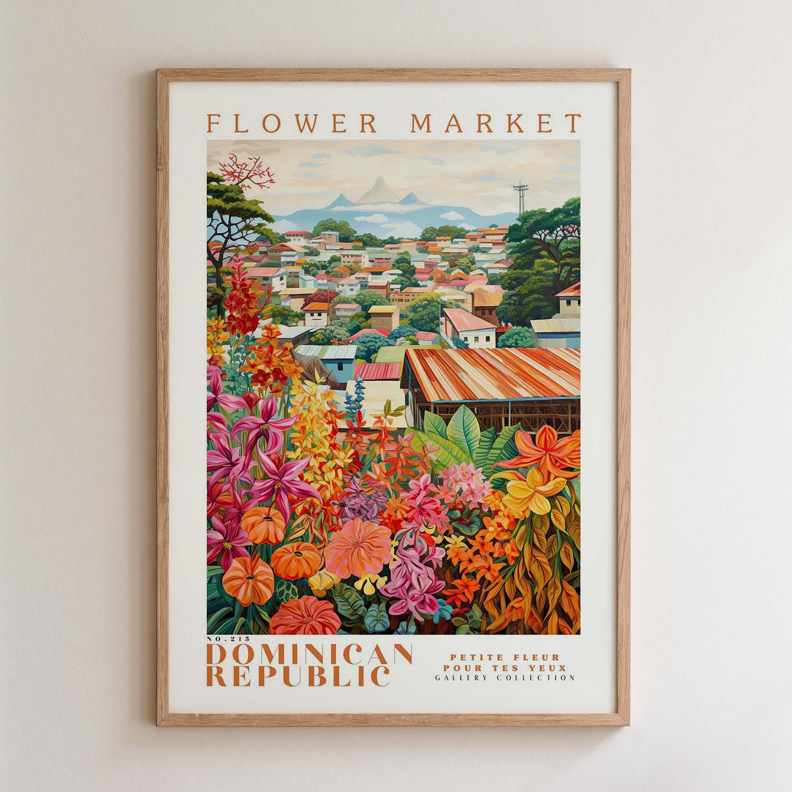 The image is a framed poster depicting a vibrant and colorful scene of a flower market in the Dominican Republic.
