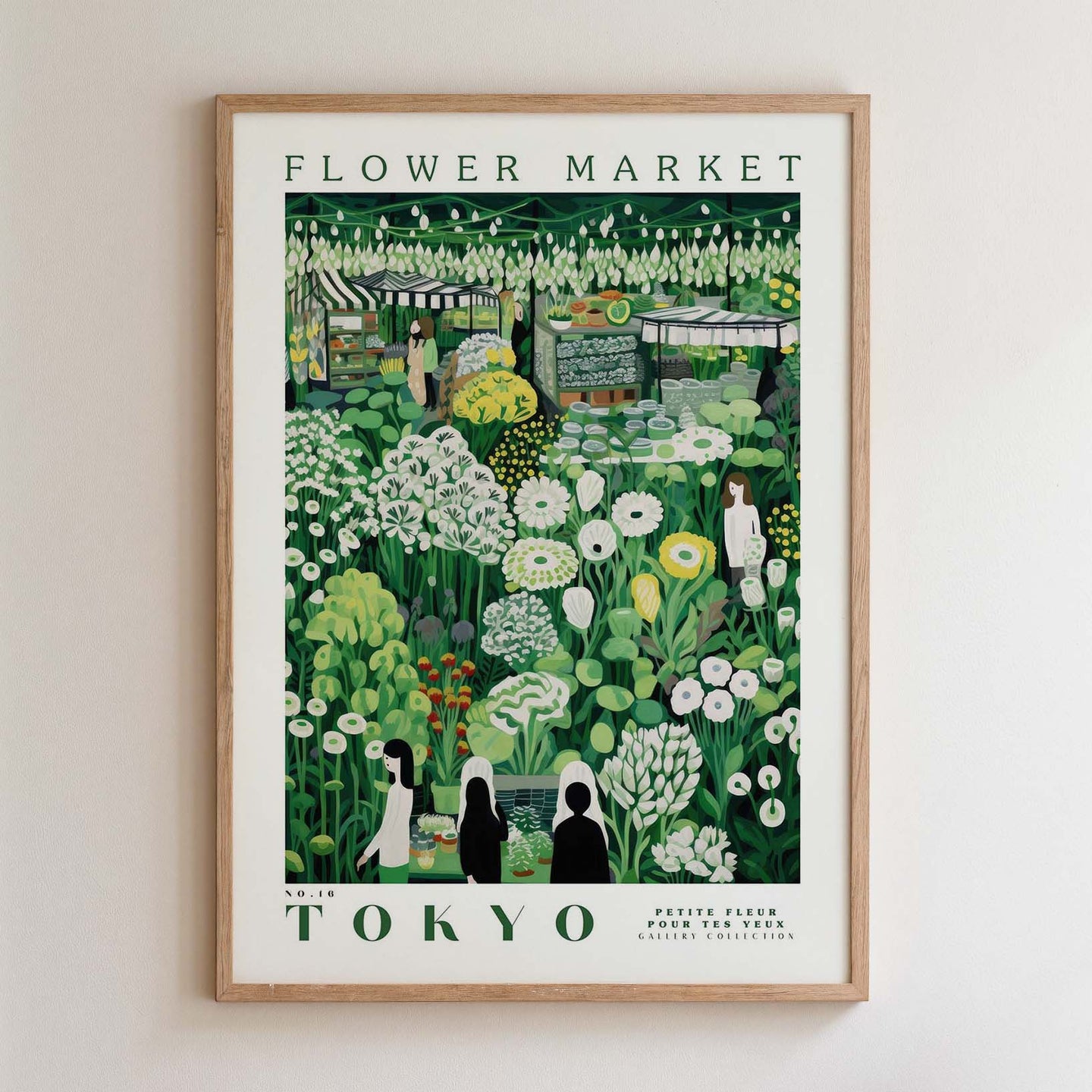 The image is a framed poster depicting a flower market in Tokyo, Japan.