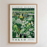 The image is a framed poster depicting a flower market in Tokyo, Japan.