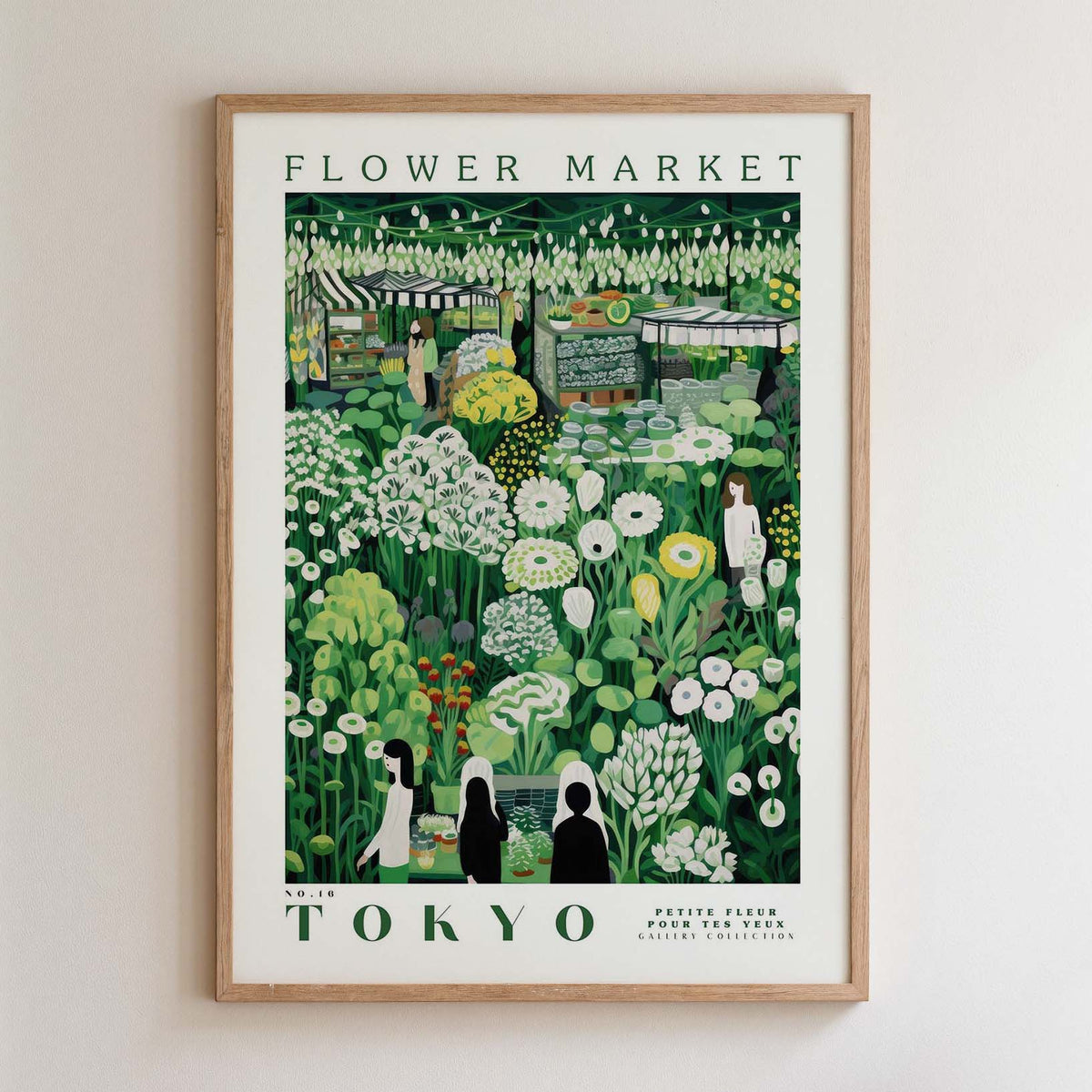The image is a framed poster depicting a flower market in Tokyo, Japan.