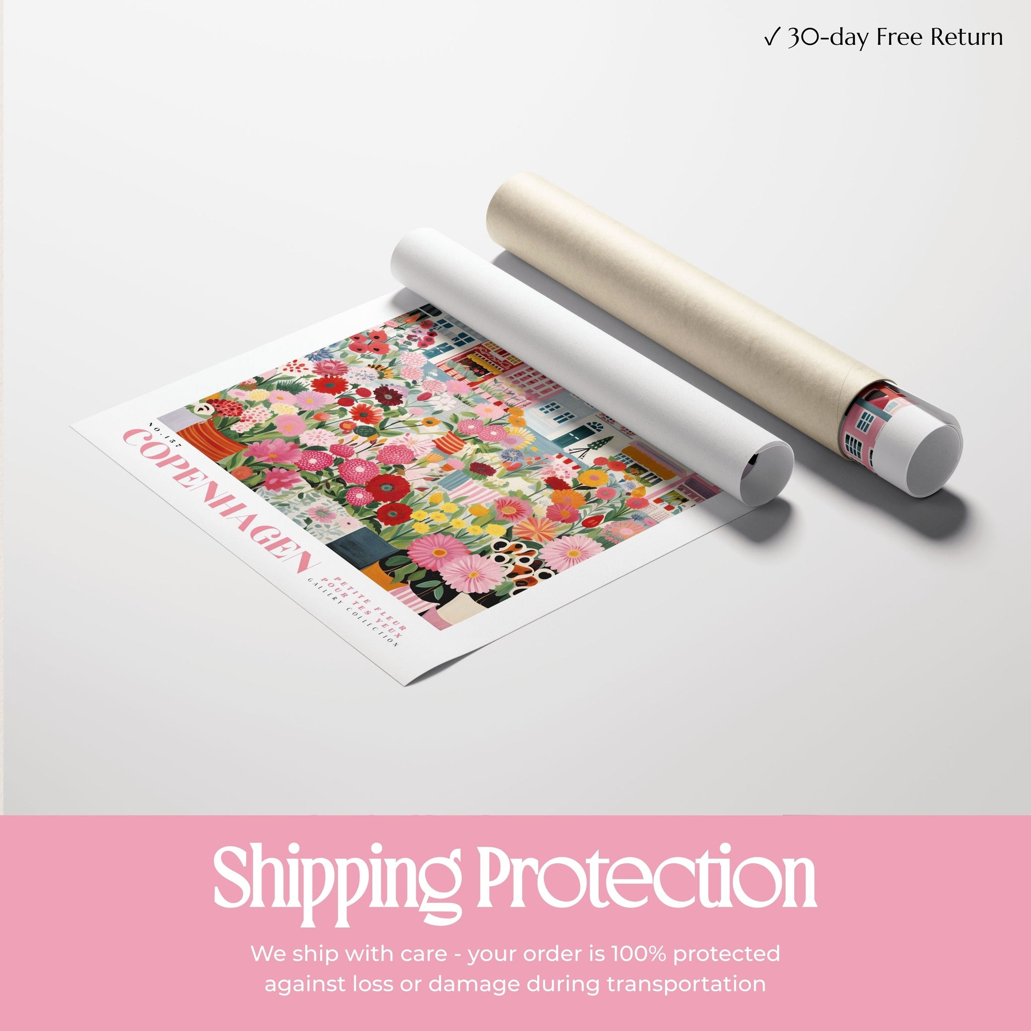 a poster of a colorful floral pattern, along with a roll of paper and a shipping label.