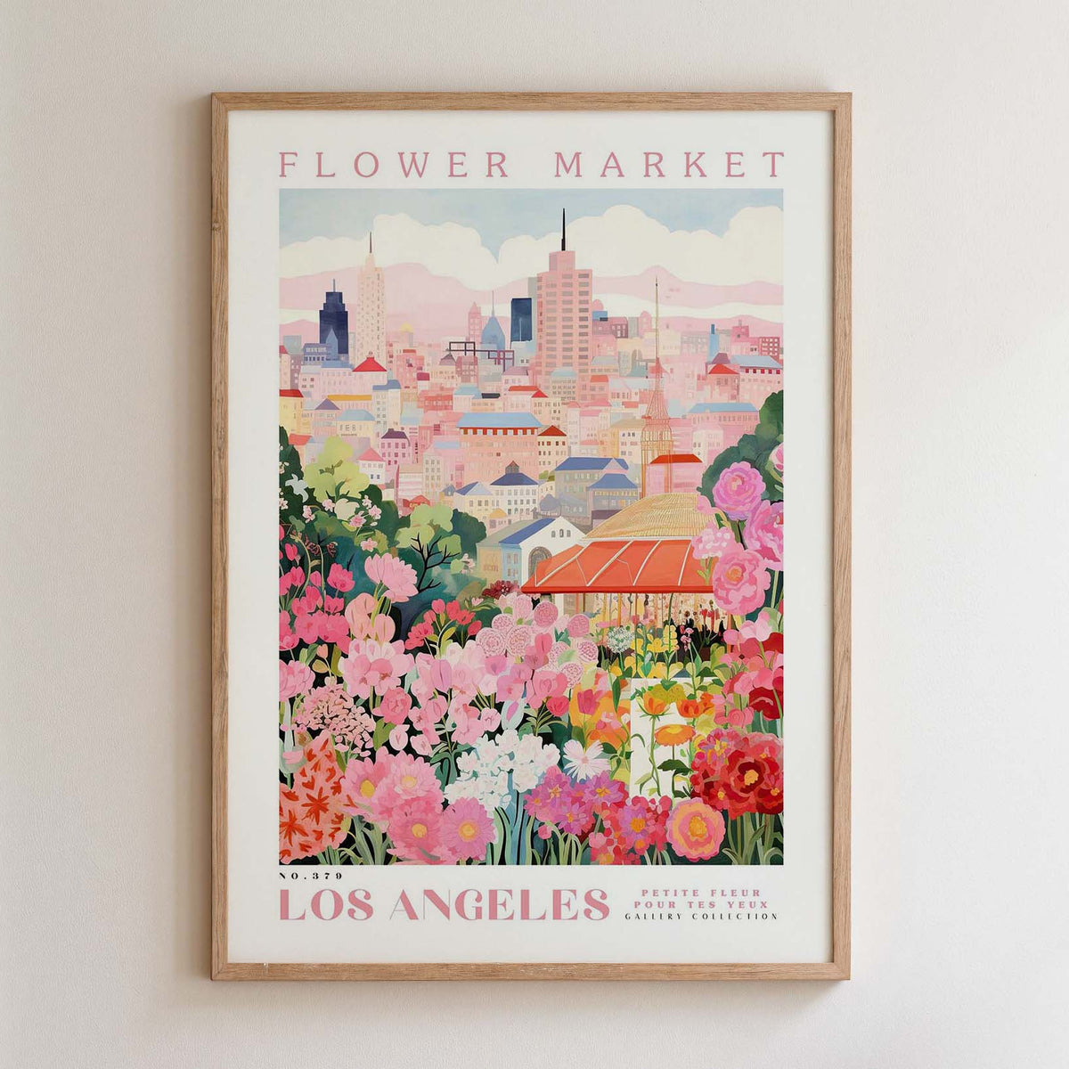 The image is a framed poster depicting a vibrant and colorful cityscape with a variety of flowers and plants in the foreground.