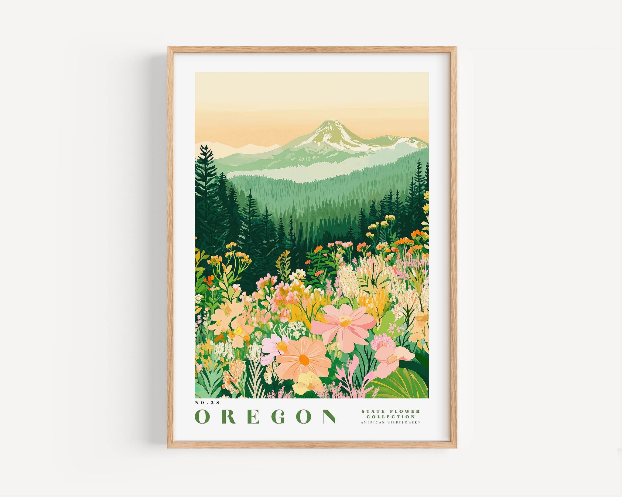 The image is a framed poster depicting a scenic landscape with a mountain range, lush green forests, and a field of colorful wildflowers.