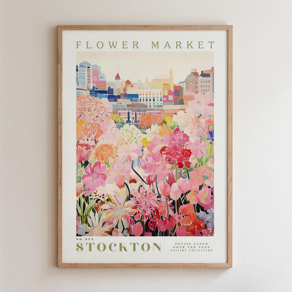 The image is a framed poster depicting a vibrant and colorful flower market in Stockton, with a variety of flowers and buildings in the background.