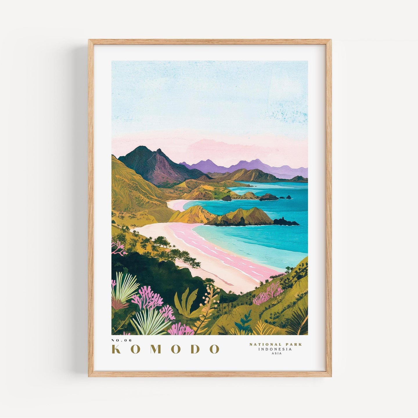 A framed illustration depicting a scenic coastal landscape with mountains, a beach, and a turquoise ocean.