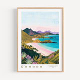 A framed illustration depicting a scenic coastal landscape with mountains, a beach, and a turquoise ocean.