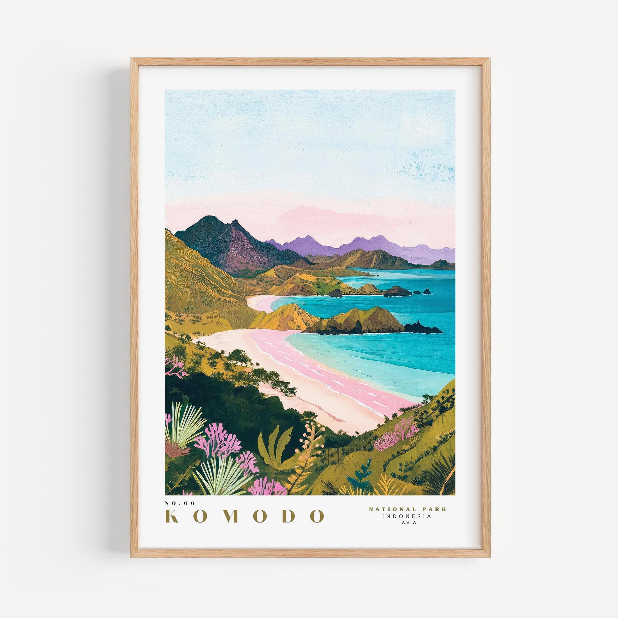 A framed illustration depicting a scenic coastal landscape with mountains, a beach, and a turquoise ocean.