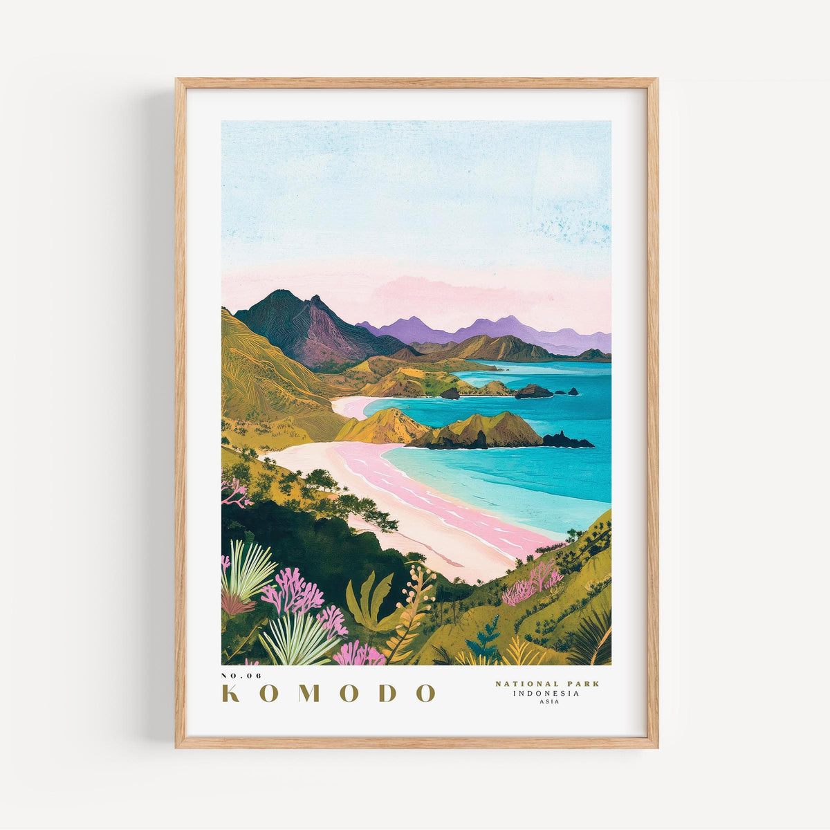 A framed illustration depicting a scenic coastal landscape with mountains, a beach, and a turquoise ocean.