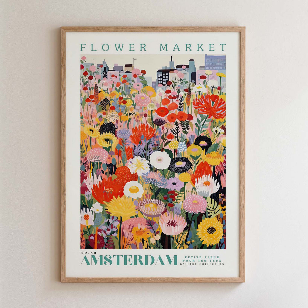 The image is a framed poster depicting a vibrant and colorful flower market in Amsterdam.
