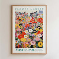 The image is a framed poster depicting a vibrant and colorful flower market in Amsterdam.