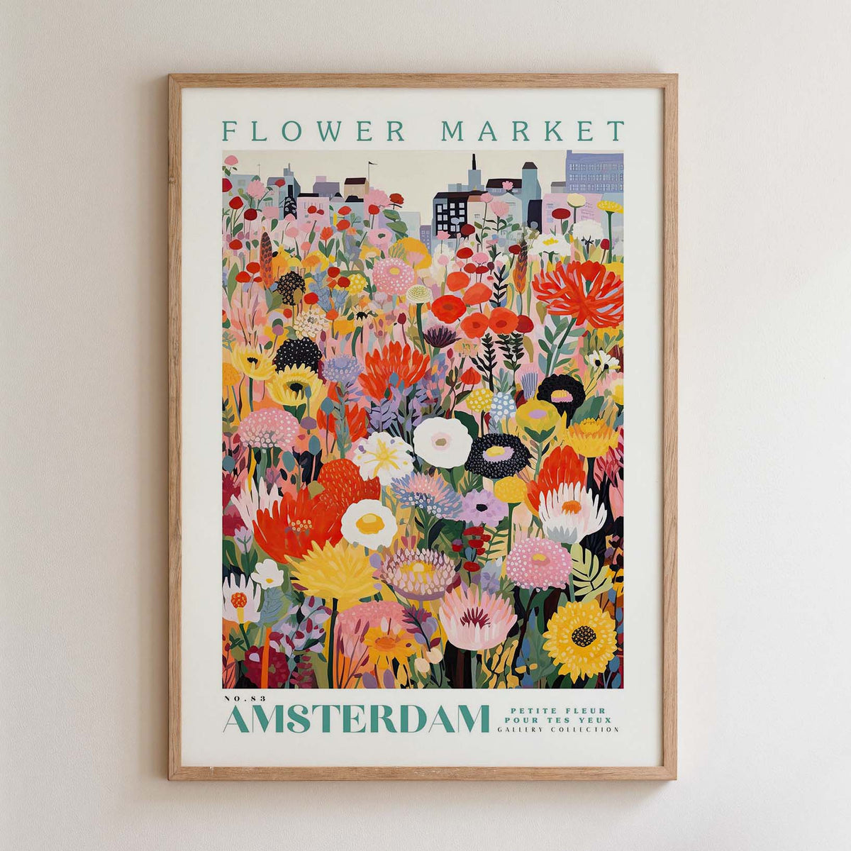 The image is a framed poster depicting a vibrant and colorful flower market in Amsterdam.