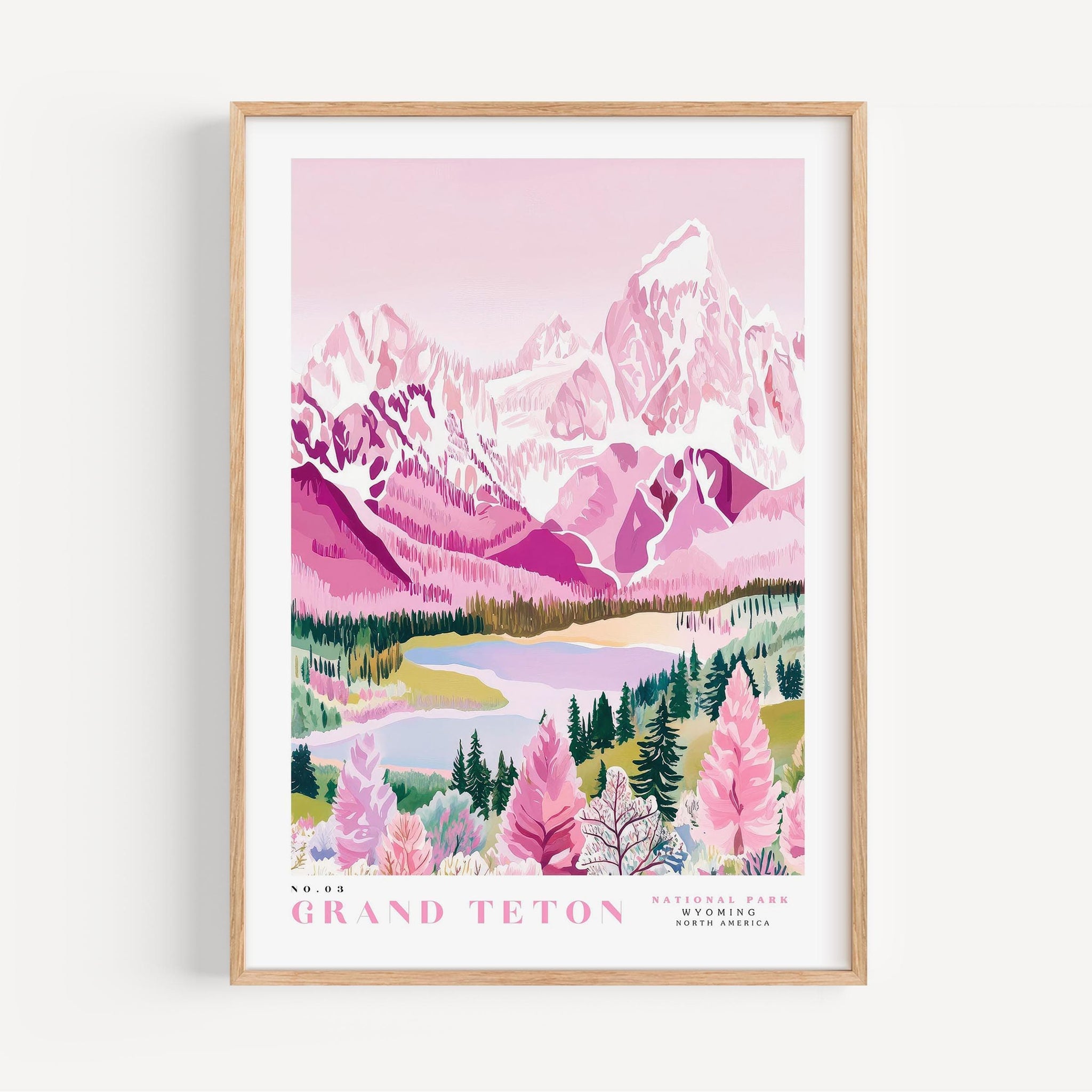 The image is a framed poster depicting a scenic landscape with mountains, trees, and a lake.