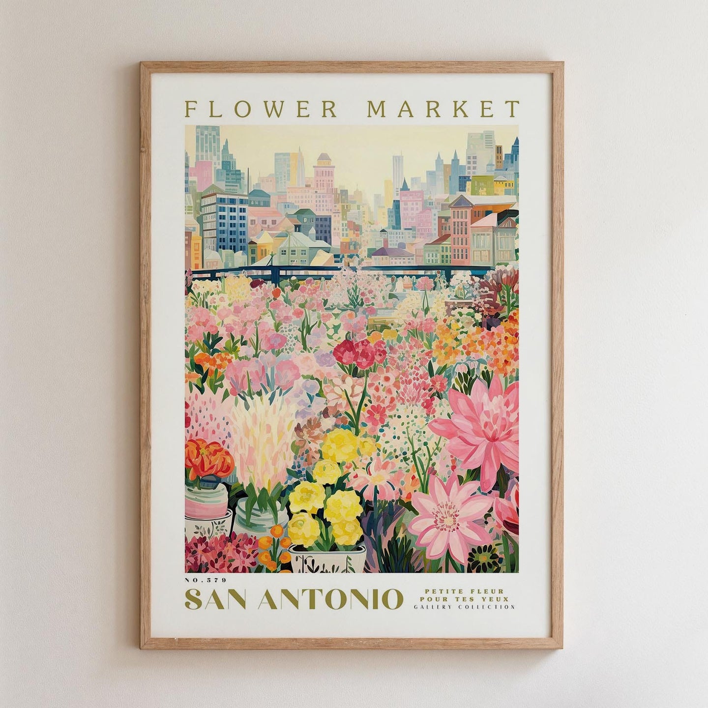 The image is a framed poster depicting a vibrant flower market in San Antonio, Texas.