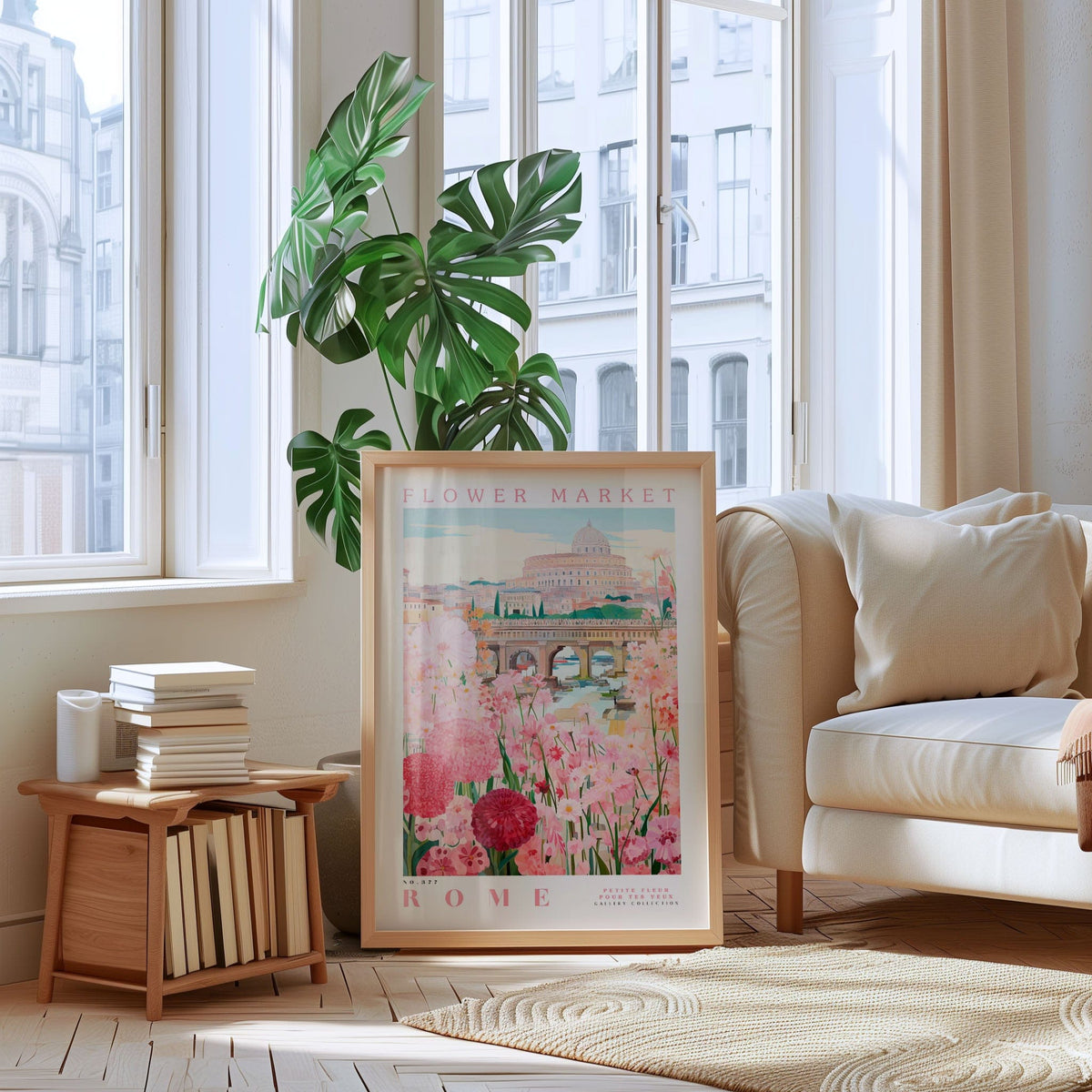 a framed poster of a flower market in Rome, with a potted plant and bookshelf in the foreground.