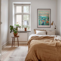 a cozy bedroom with a large bed, a nightstand with a plant, and a framed poster of a flower market on the wall.