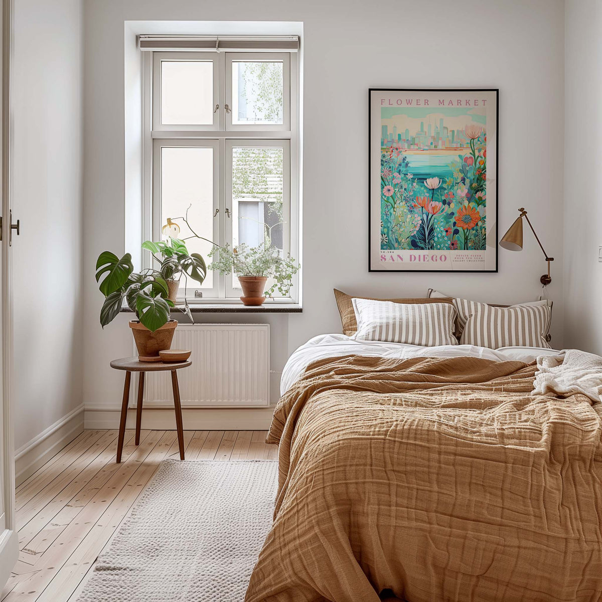 a cozy bedroom with a large bed, a nightstand with a plant, and a framed poster of a flower market on the wall.