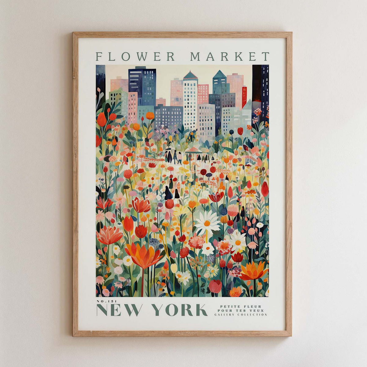The image is a framed poster depicting a vibrant and colorful flower market in New York City, with tall buildings and a lush, flower-filled landscape in the background.