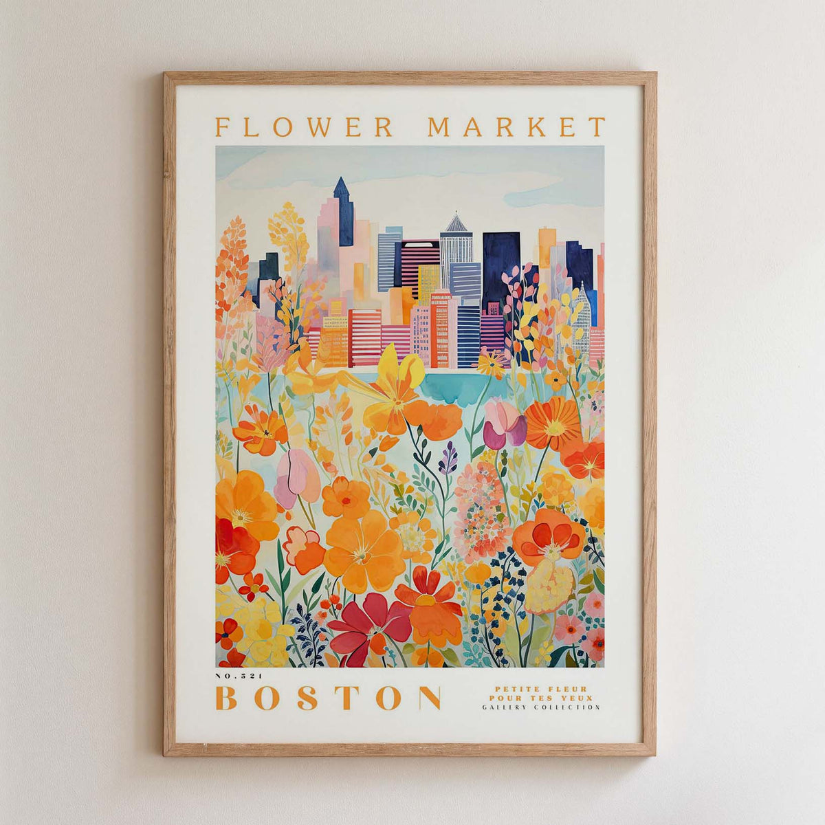 The image is a framed poster depicting a cityscape with a colorful flower garden in the foreground.