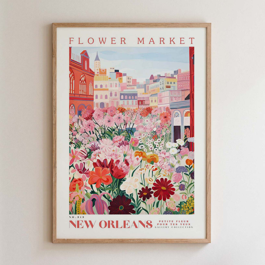 The image is a framed poster depicting a vibrant and colorful flower market in New Orleans, Louisiana.
