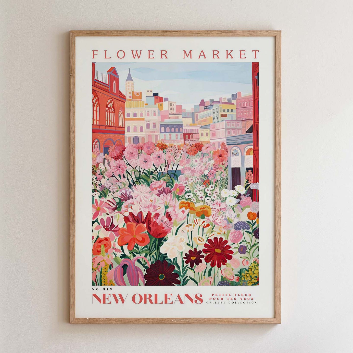 The image is a framed poster depicting a vibrant and colorful flower market in New Orleans, Louisiana.
