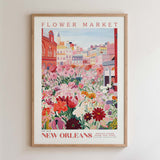 The image is a framed poster depicting a vibrant and colorful flower market in New Orleans, Louisiana.