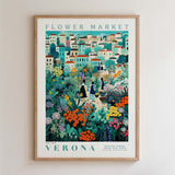 The image is a framed poster depicting a vibrant and colorful flower market in Verona, Italy.