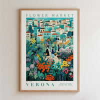 The image is a framed poster depicting a vibrant and colorful flower market in Verona, Italy.