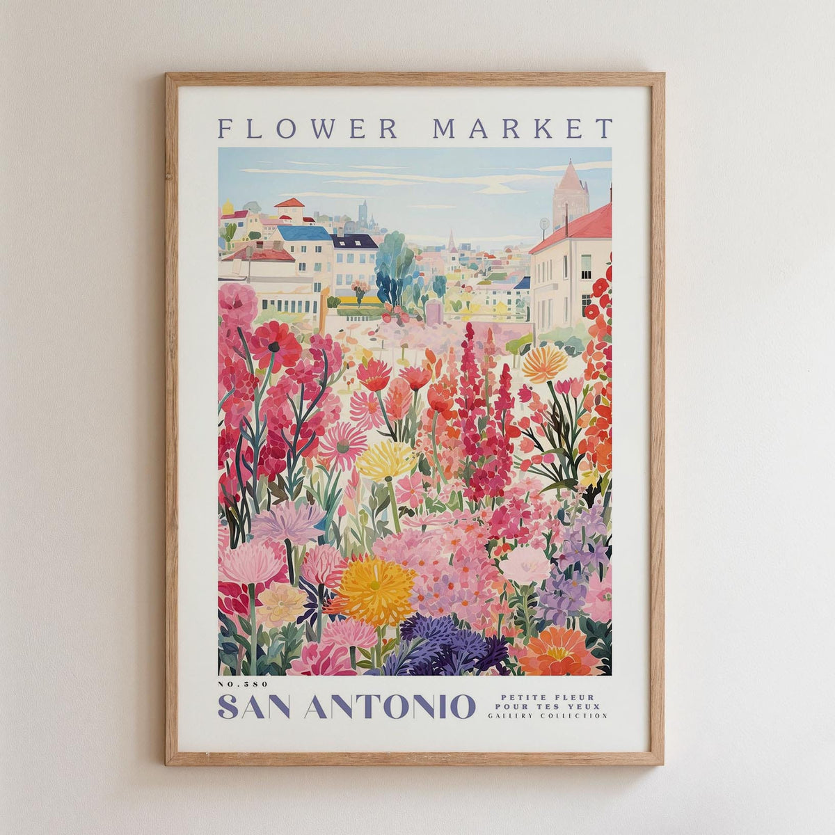 The image is a framed poster depicting a colorful and vibrant flower market in San Antonio, Texas.