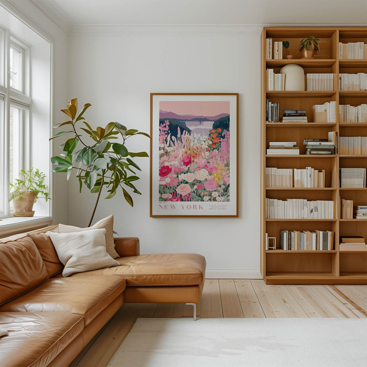 a cozy living room with a large window, a comfortable leather sofa, a wooden bookshelf filled with books, and a framed poster of a colorful floral landscape hanging on the wall.