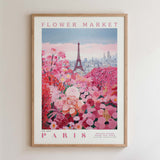 The image is a framed poster depicting a vibrant flower market in Paris, with the Eiffel Tower visible in the background.