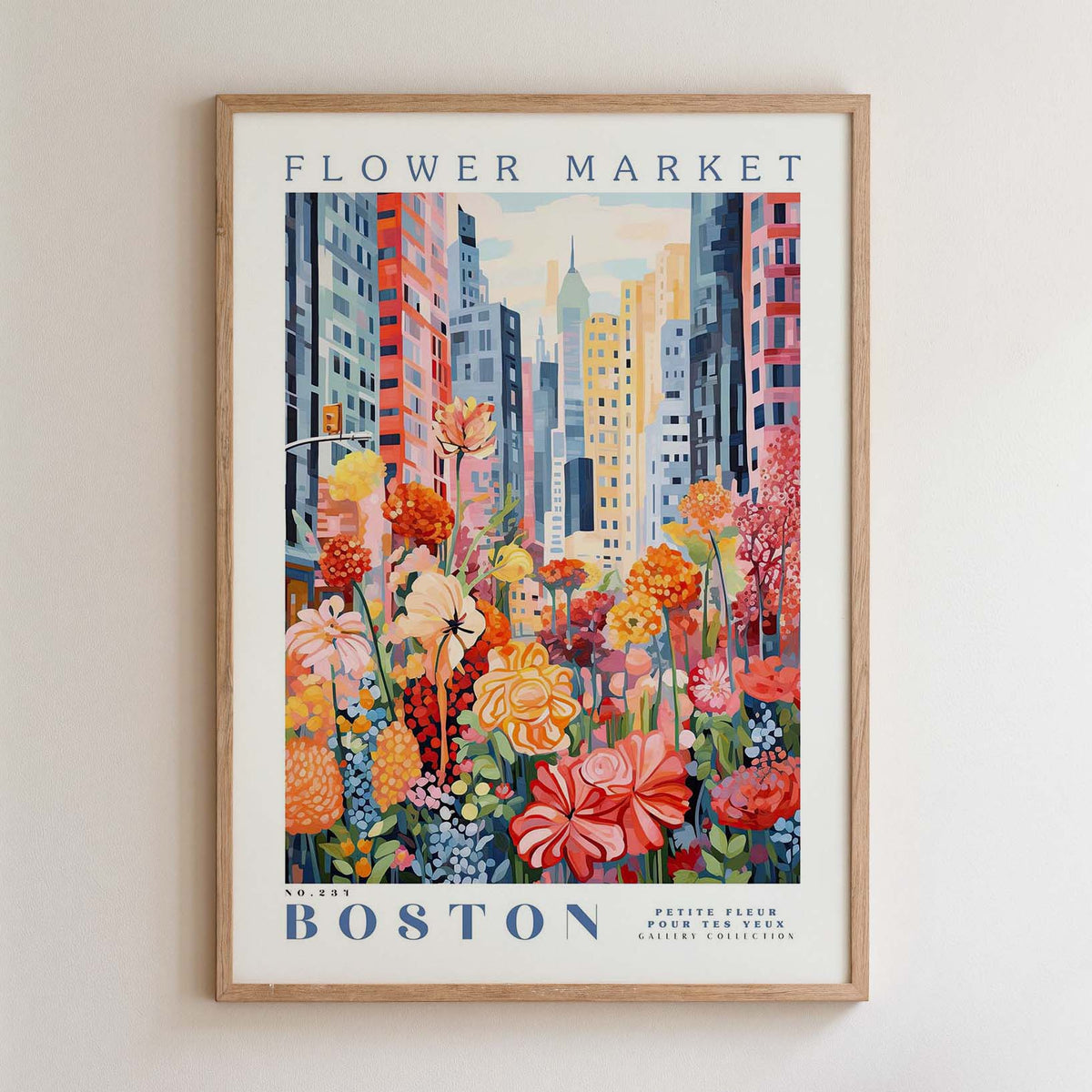 The image is a framed poster depicting a vibrant and colorful flower market in Boston, with tall buildings and a variety of flowers in the foreground.