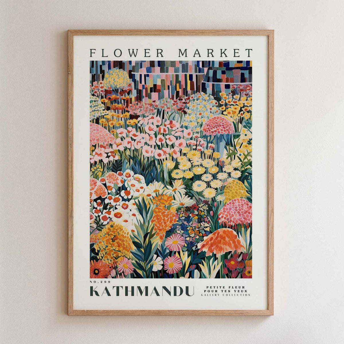 The image is a framed poster depicting a vibrant and colorful flower market in Kathmandu, Nepal.